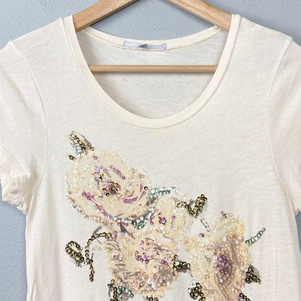 J.Crew Beaded Floral Sequin Embellished T Shirt Top Size M Y2K Fairy Baby Tee - Picture 3 of 10